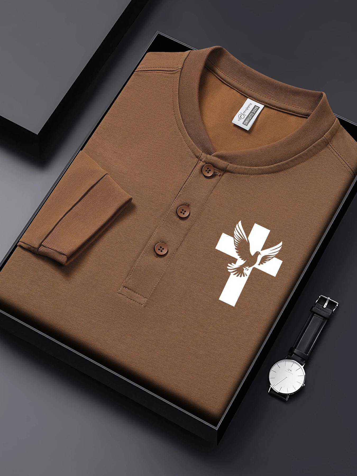 

Мужские футболки с принтом креста и голубя на пуговицах, хлопковая универсальная футболка, удобная уличная одежда с вырезом Генри, осенняя свободная одежда