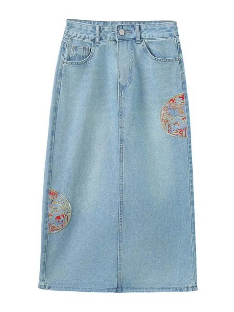 Denim Skirt Women High Waisted Split A-line Jean Skirt Medium Length Embroidered Cowboy Skirts