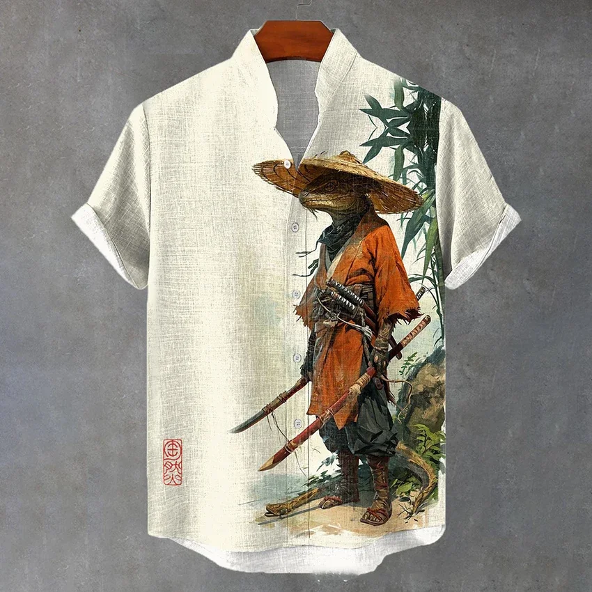 Summer Fashion Hawaiian Beach Warrior Print Men\'s Stand Collar Shirt Bamboo Hemp Casual Large Size Men\'s Short Sleeve Shirt