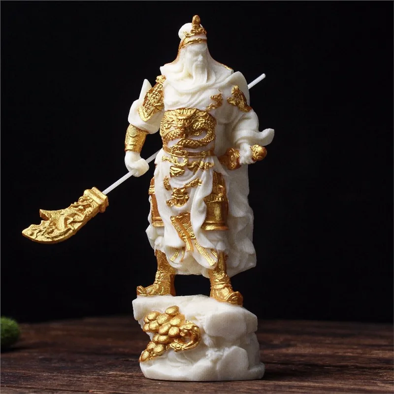 Ivory Nut Gilded Carved Guan Yu Statue Standing Blade God of Wealth Home Desktop Craft Ornament Martial Deity Table DisplayDecor