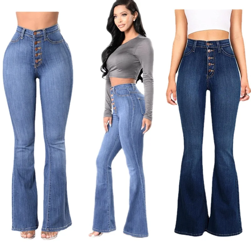 

Woman Spring Summer Multi Button Lady Sexy Push Up Denim TrousersHigh Waist Flare Jeans for Women Skinny Bell Bottom Jean Pants