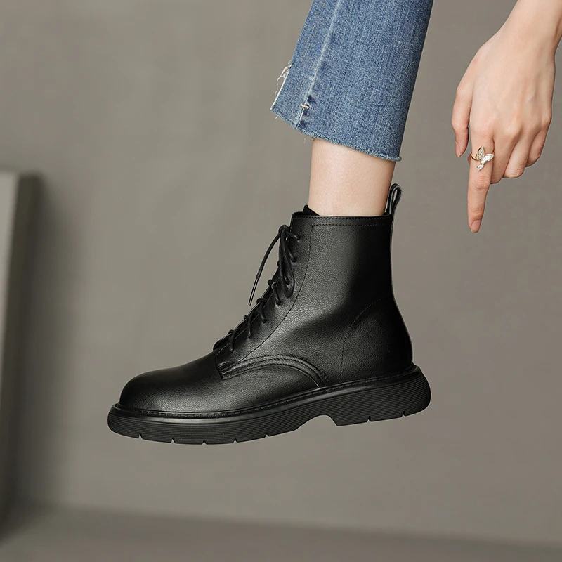 2022 New Side Zipper Women Ankle Boots Outdoor Casual Autumn Winter Thick Heels Fashion Cross-Tied Genuine Leather Shoes Woman