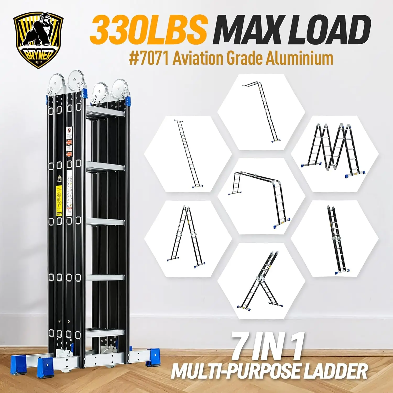 Bryner 19.6ft 7 in 1 Folding Ladder Multi-Purpose Aluminium Extension Ladder Adjustable Telescoping Foldable Ladders 330lbs