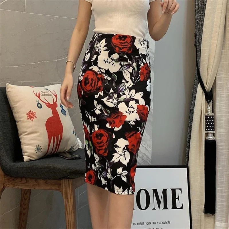 Oversize Summer Midi Skirt for Women Work Rose Print Elastic Waist Sexy Hip Vintage Office Skirts with Split Faldas Para Mujeres