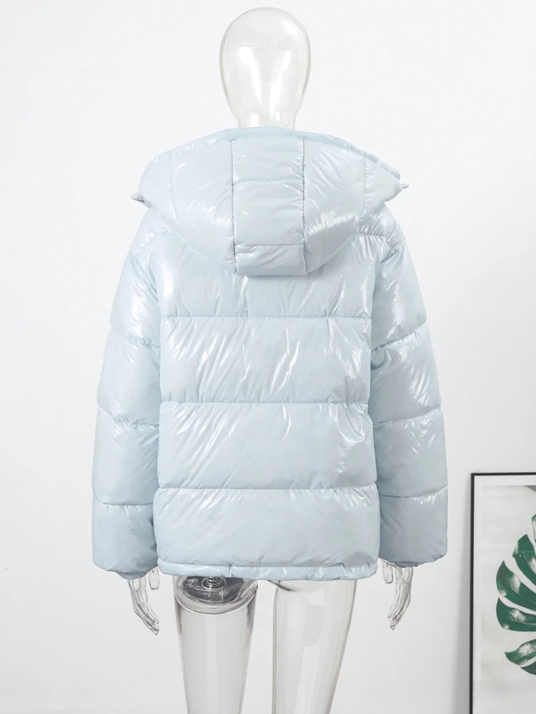 Kurze Glänzende Kapuzenjacke für Damen, Street-Style Stehkragen, Laternenärmel, Lose Passform, Modische Damenjacken, Neue Oberbekleidung – Detail 5