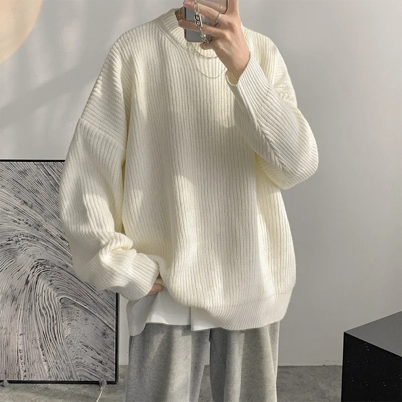 Round Neck Sweater Men's Fall and Winter Models Hong Kong Style Loose Lazy Knit Sweater Tide Korean Thickened Wool Sweater Men