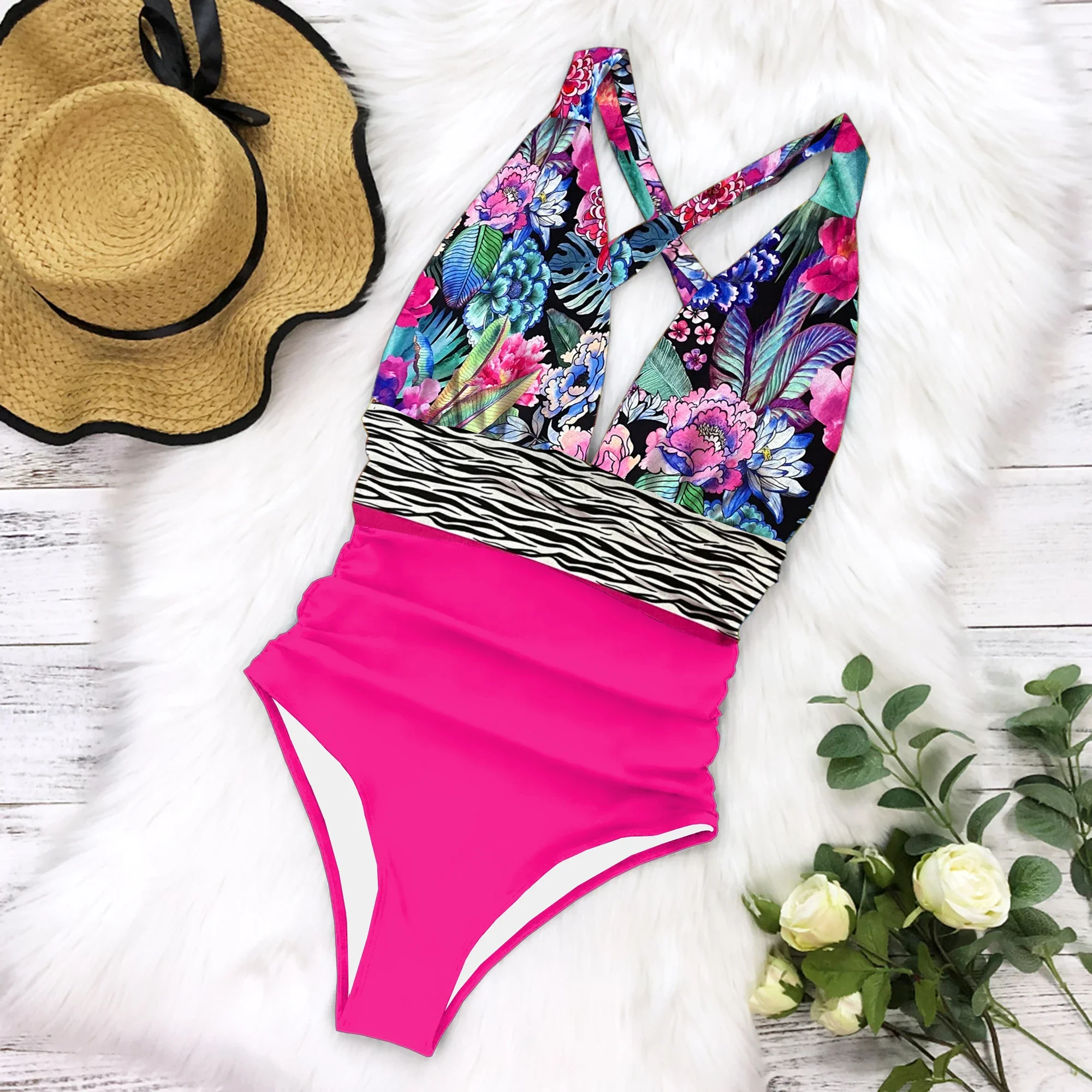 

2024 New Print Sexy V-Neck One Piece Swimsuit Plus Size Swimwear Women High Waisted Bathing Suits Beachwear Swim Wear S~XL