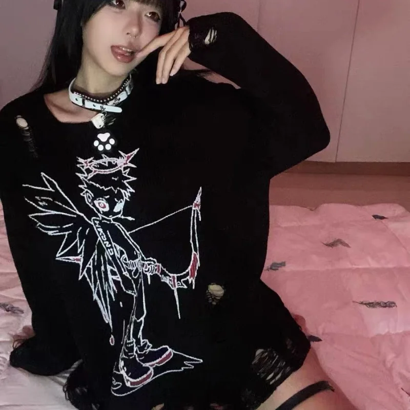 Deeptown Y2K Gothic Vintage wanita hitam Sweater Anime Harajuku mode Jepang pullover lubang musim gugur longgar pakaian rajut tidak teratur