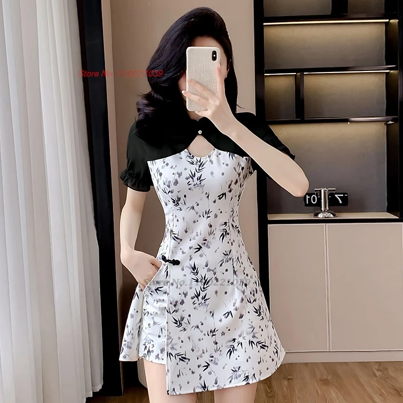 

2025 chinese sexy nightclub dress improved cheongsam national flower print patchwork qipao dress+shorts set hotel spa work dress
