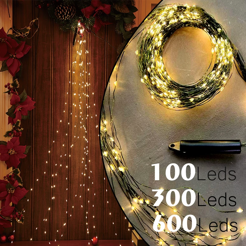 600 LED Green Wire Christmas Lights 30Branch Waterfall Lamp Fairy String For Curtain Outdoor Tree Garlands Holiday Wedding Party