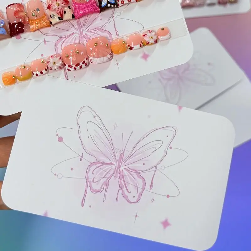 10Pcs Handmade False Nail Display Show Card Press On Nails Packaging Bottom Cards Butterfly Embossing Manicure Tools 122x75mm