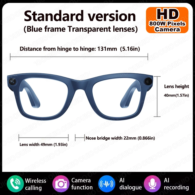 1080P HD 800W Camera Smart Glasses Video Record Translation AI Smart Touch Control Type-C Interface Smart Glasses Bluetooth Call