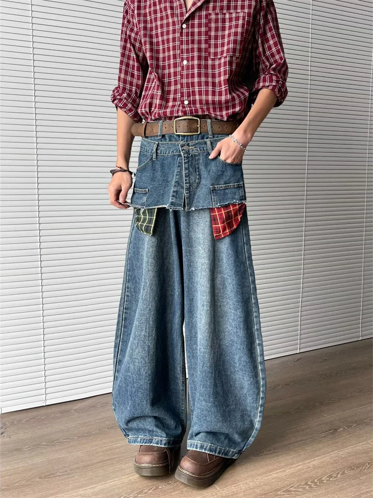 

Deconstructed Double Waist Head American Sle Men's Jeans Wide Leg Knife Casual Loose Straight Cut Spring Faion