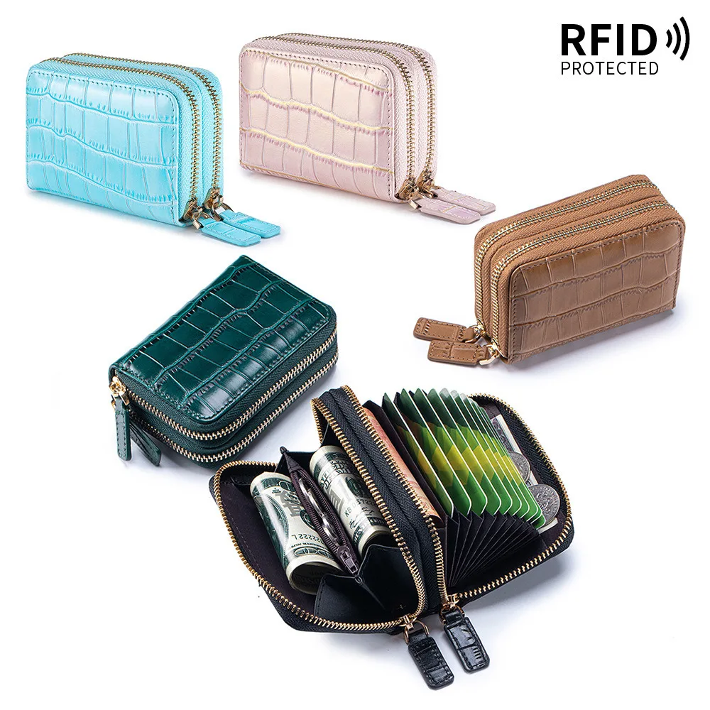 Genuine Leather Rfid Card Holder Double-Layer Zipper Multi-Card Slot Card Bag Storage Coin Purse Clutch Wallet For Men Women.