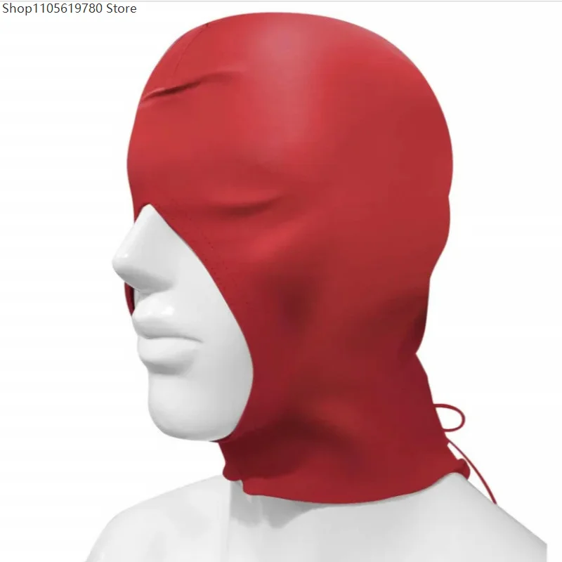 Rear Drawstring Adjustable Shiny Faux Leather Head Hood Open Eye Mouth Cutouts Full Face Mask Performance Cosplay Accessory