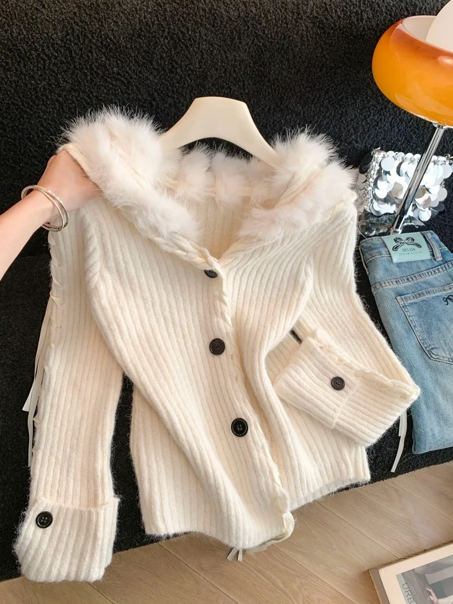 Lu Fur Trim Sweater Feminino Outono Inverno Thiened Quente Malha Longo Sve Cardigan Gola de Veludo Macio Cor Preguiçosa...