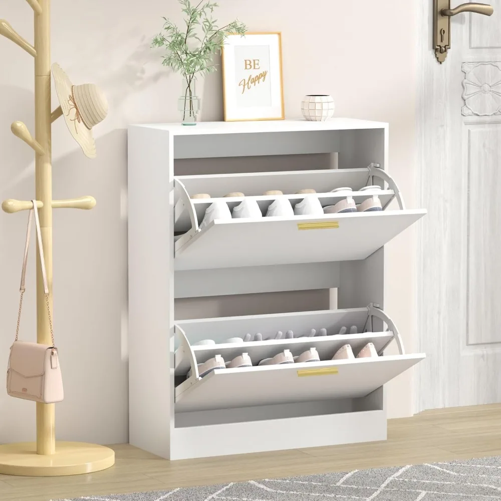 Шкаф для обуви для прихожей, Белый шкаф для хранения обуви с двумя откидными ящиками, Скрытый узкий шкаф для обуви, Freestandi