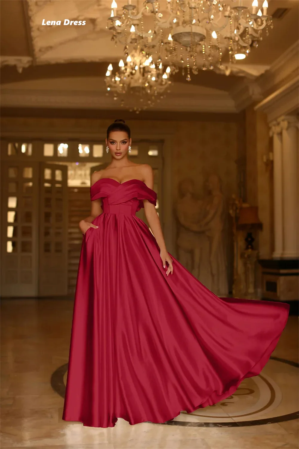 Lena Satin Wedding Guest Dress Women Evening Dress Woman Formal Dresses Woman Off the Shoulders A Line Long Skirt Ball Gowns