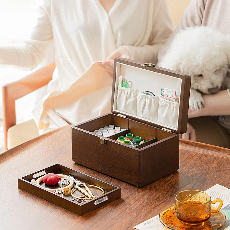 

Household sewing box embroidery sewing tool set needle and thread storage box solid wood dowry wedding gift