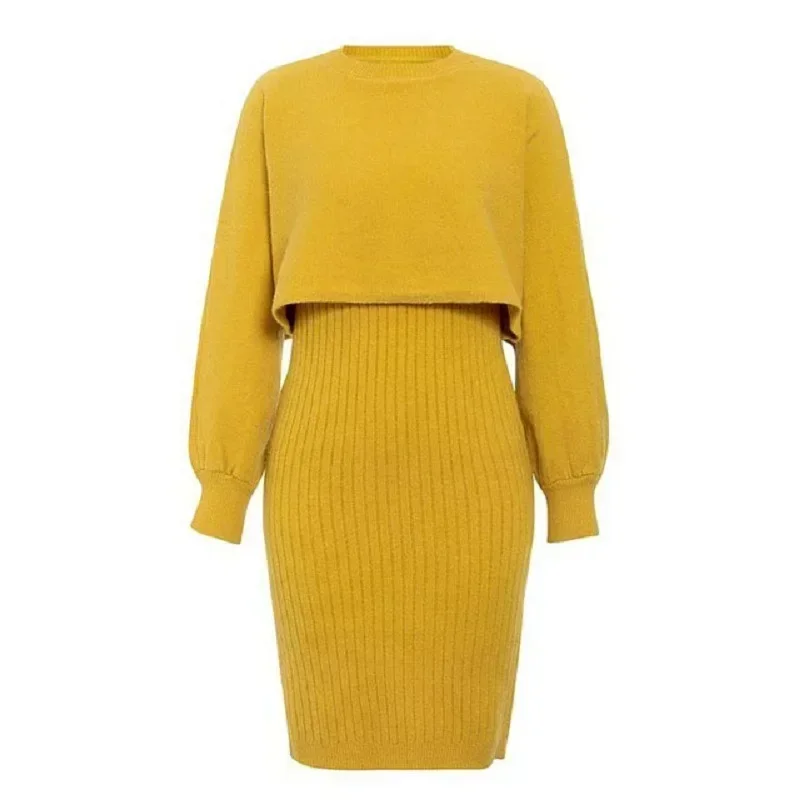 Women Sweater Midi Dress Set Casual Pullovers Suits Autumn Winter O-neck Long Sleeve Knitted Solid Slim Elegance Tops Elastic