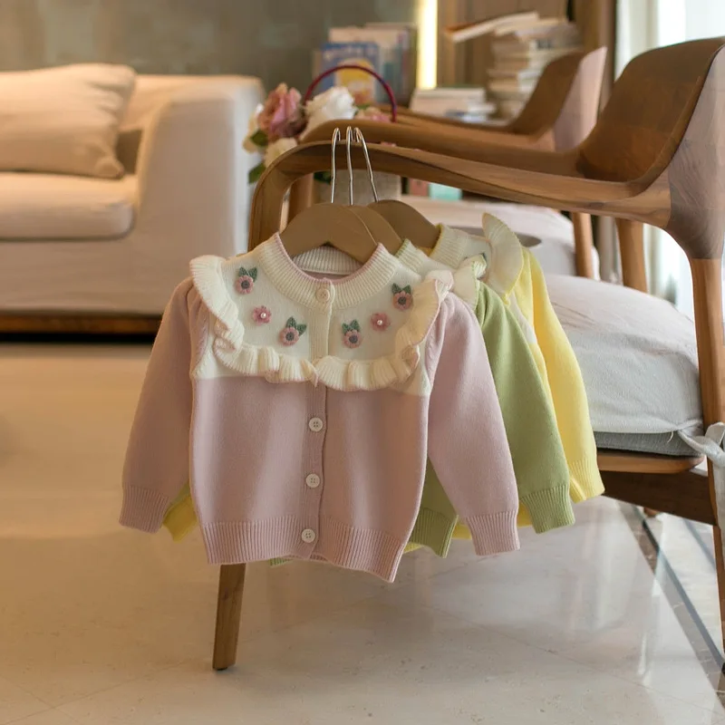Children Sweater Korean Style Kids Spring Autumn New Girls Fresh 3D Flower Single‑Breasted Knit Cardigan