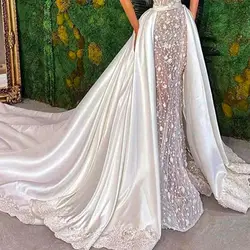 High Quality Luxury Wedding Detachable Skirt Satin Lace Edge Removable Long Train Bridal Dresses Accessories Over Skirt Custom