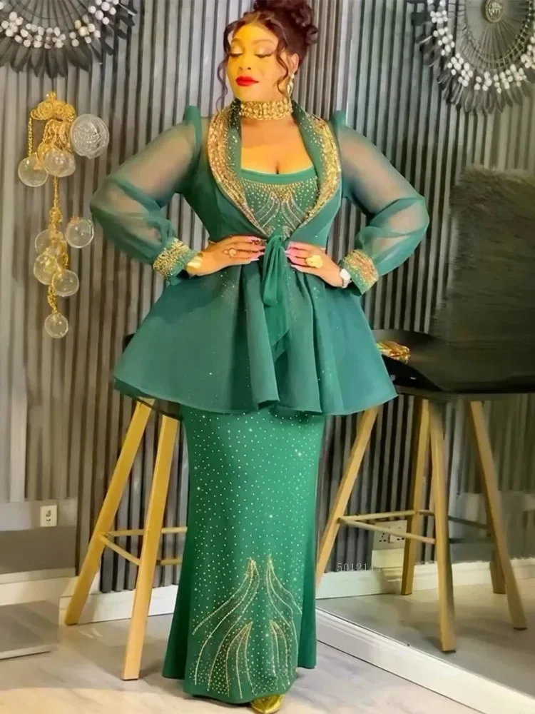 

2 PCS African Dashiki plus Size Women's Long Evening Gown with Diamond Detailing And Matching Coat for Wedding Party Events