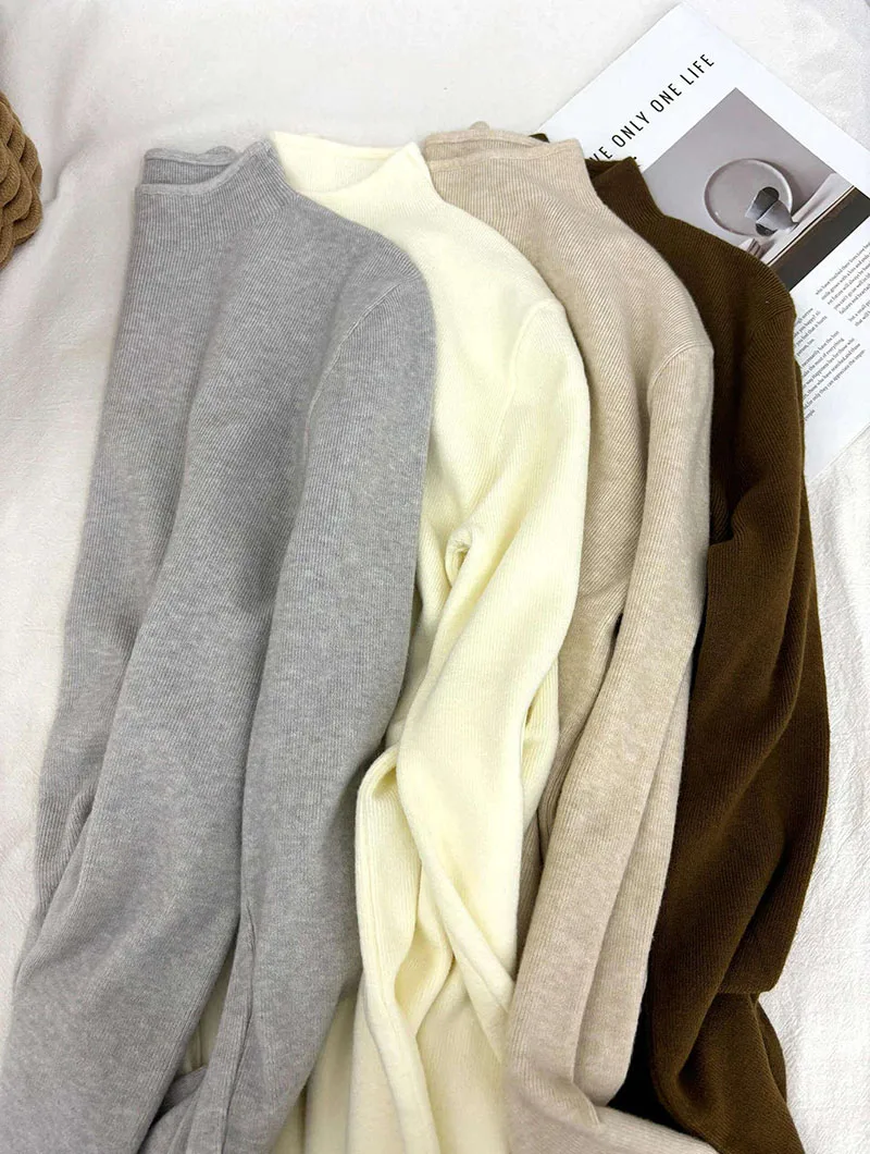 Damen Halbrollkragen-Strickpullover Weicher Slim-Fit Langarm-Unterziehpullover Einfarbig Lässiger Herbst-Winter Basis-Pullover – Detail 12