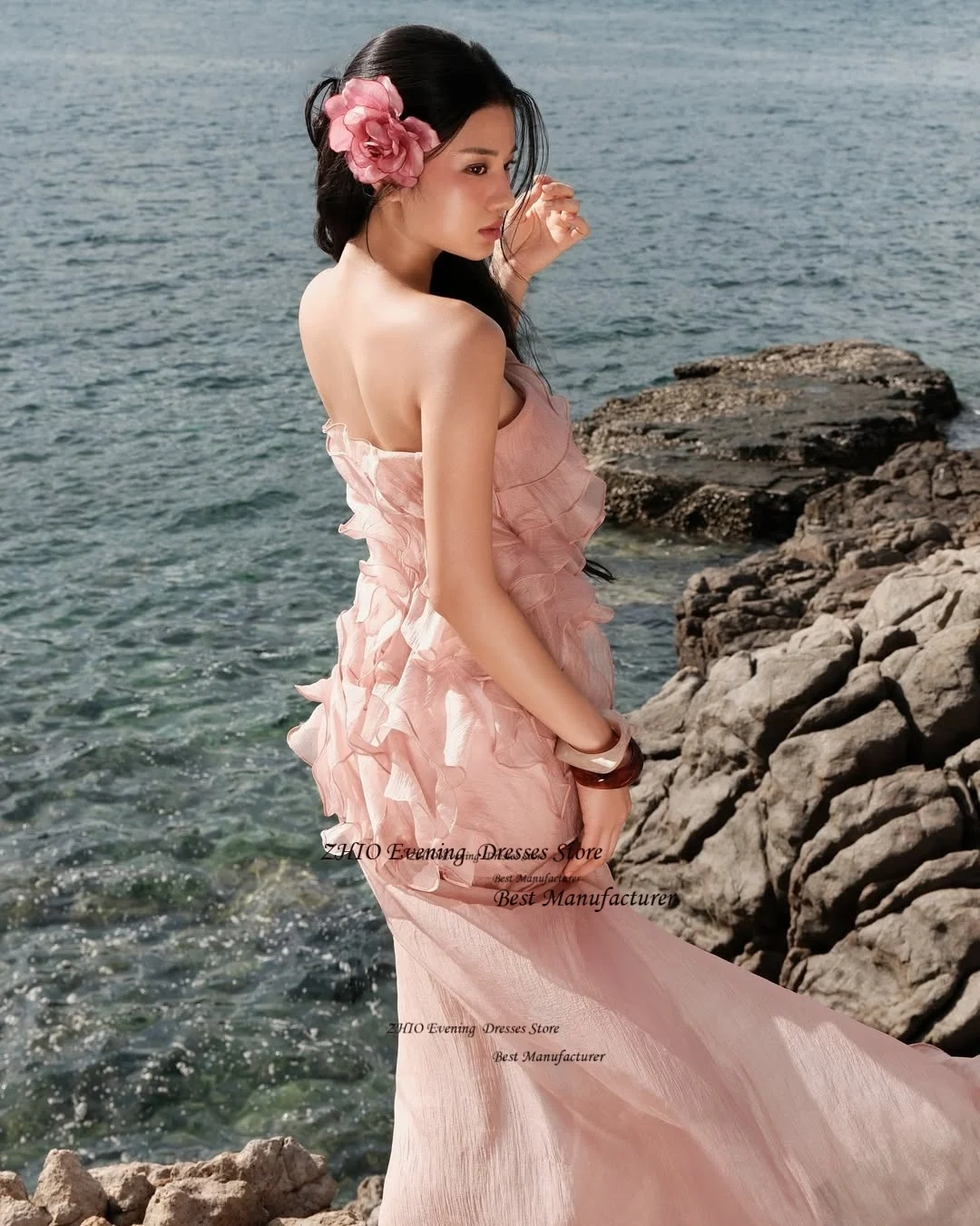ZHIO Elegant Pink Tulle Illusion Evening Gown Strapless Ruched Long Party Dress Sleeveless Sweep Train Prom Gown Customized