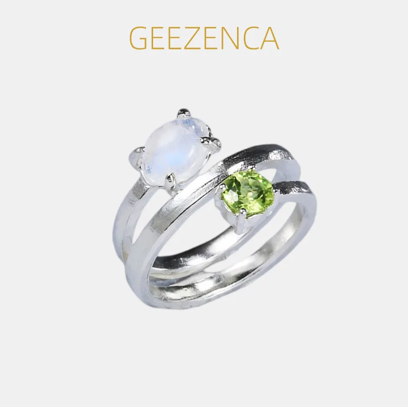 

GEEZENCA Moon Stone Peridot 925 Sterling Silver Twist Duet Band Open Rings For Women Unique Fashion Statement Ring Party Gift