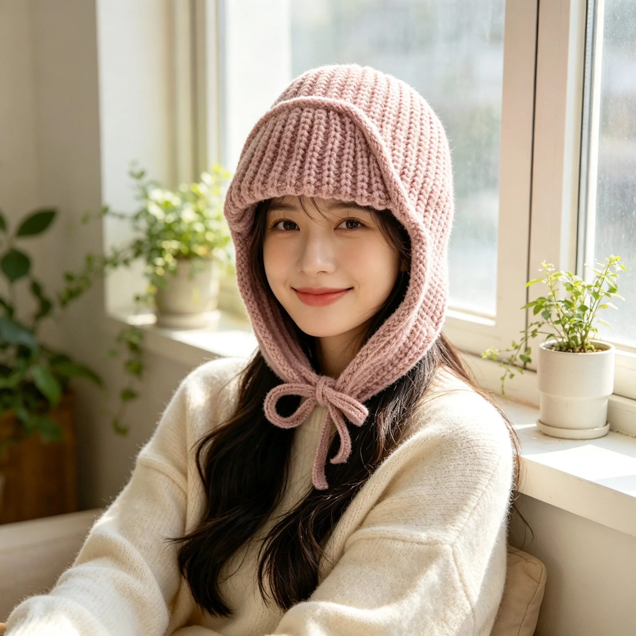 秋冬ニット耳当て付きビーニー帽 レディース 厚手暖かいトラッ - Trapper Hat Ear Flap のレビューと価格