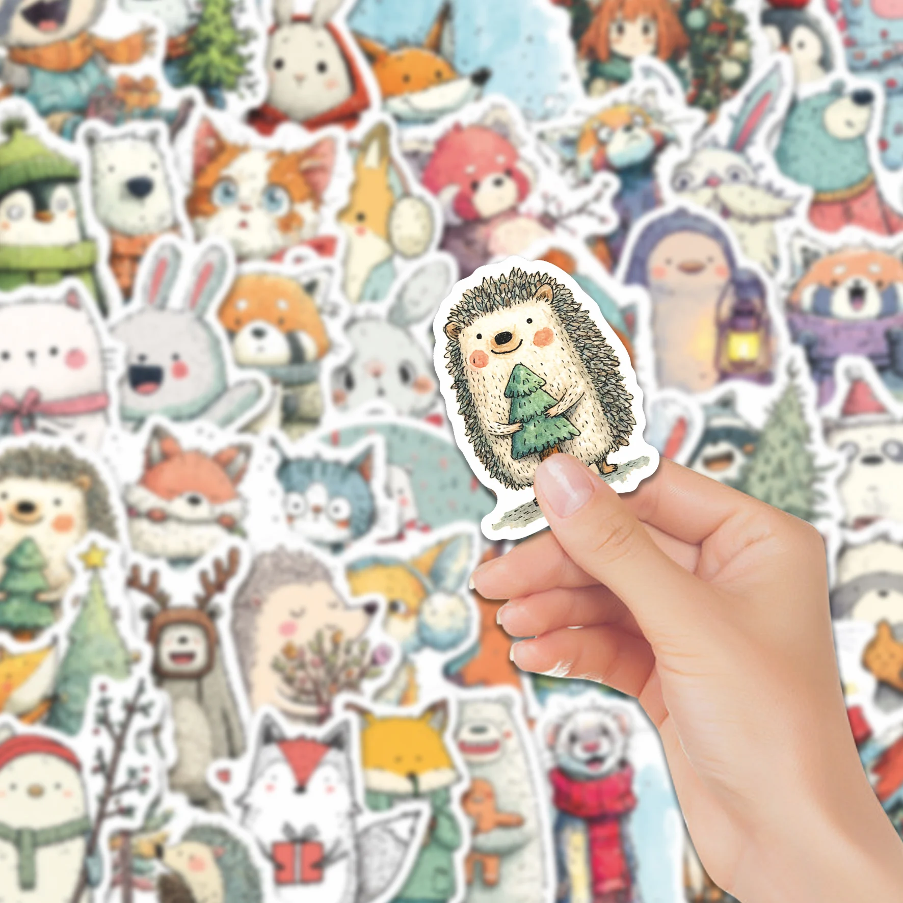 50pcs Winter Sketch Animal Stickers Pack, Vinyl Decals with Snowy Pets & Xmas Elements for Laptop, Journal & Water Bottle, Great