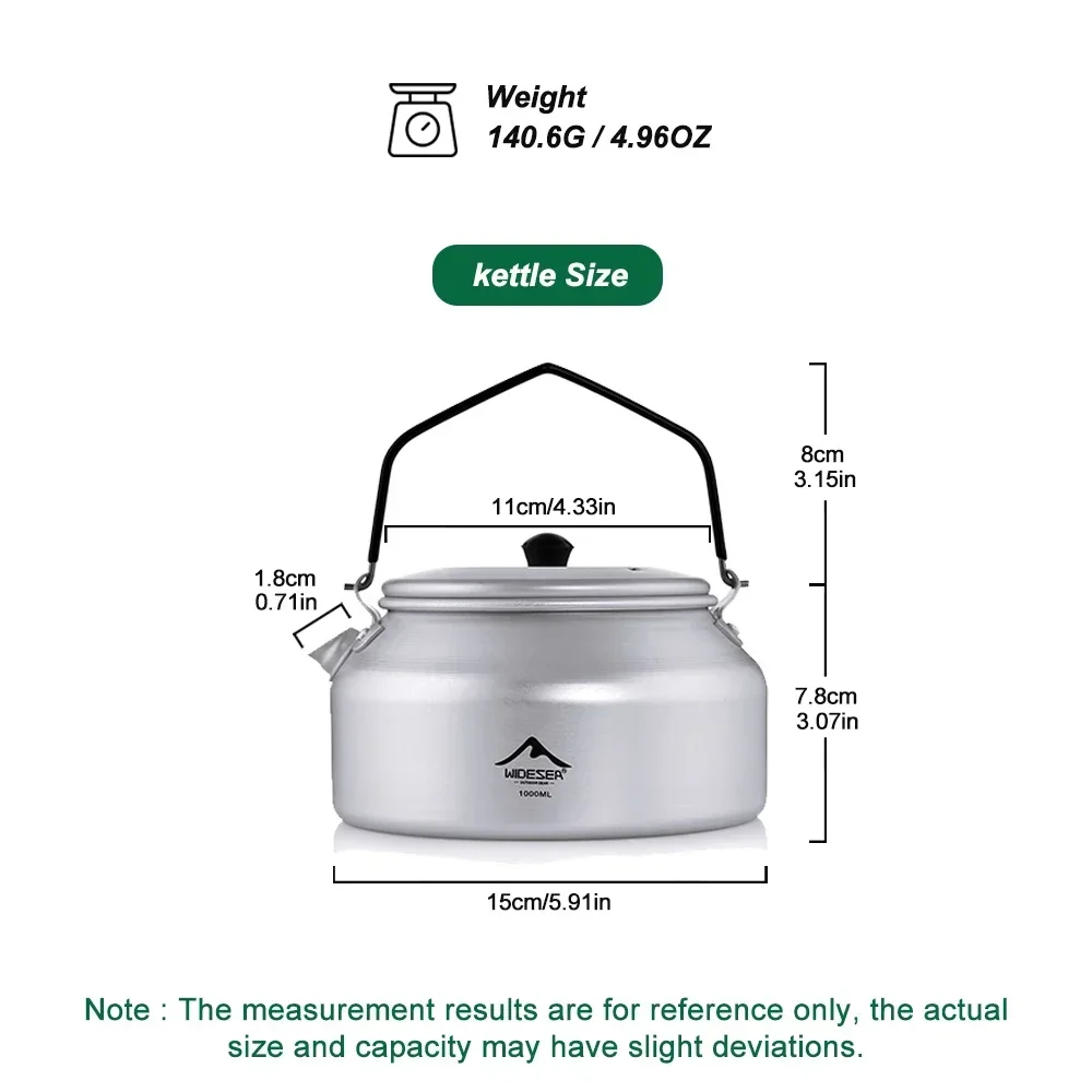 Widesea Camping Outdoor 1L kettle Pure Aluminum Short-hole Removal Handle Design Portable Cookware Travel Essential Appliance