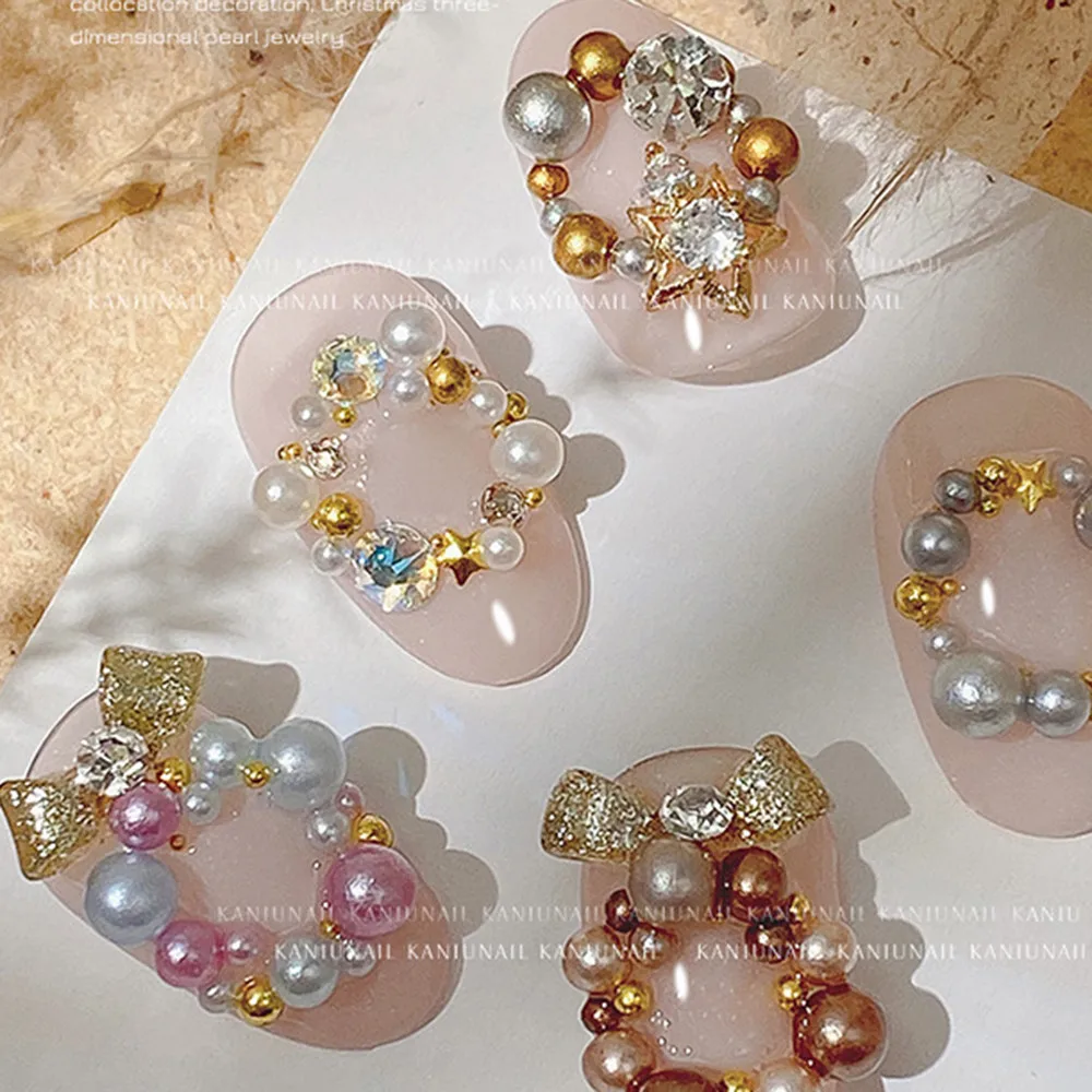 12가지 색상 믹스 사이즈 네일 펄 라인스톤, 매니큐어 DIY 크리스마스 펄, 녹색 빨간색 금색 네일 비즈, 네일 장식 부품