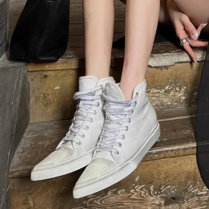 Zapatos planos De lona con punta puntiaguda para Mujer, Zapatillas deportivas informales, con cordones, para caminar, para otoño, 2024