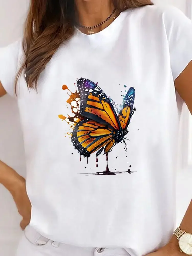 Plus Size kwiatowy motyl uroczy modny t-shirt z lat 90. Damska koszulka z moda Basic koszulką z krótkim rękawem odzież z nadrukiem