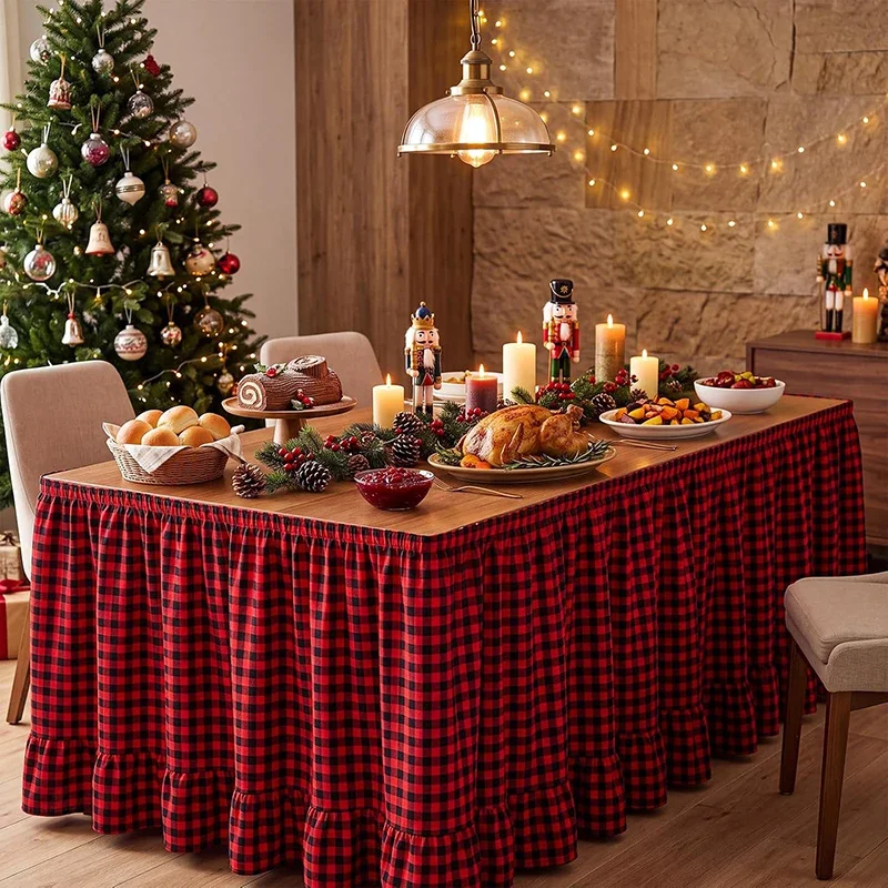Christmas Plaid Table Skirt Ruffled Tablecloth Rectangle Classroom Teacher Desk Skirt for Wedding Birthday Parties Dessert Decor