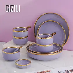 Purple Porcelain Plates Dinner Plates Dinnerware Set Luxury Food Dinner Dishes Salad Soup Bowl Ceramic Dessert Cake Plate