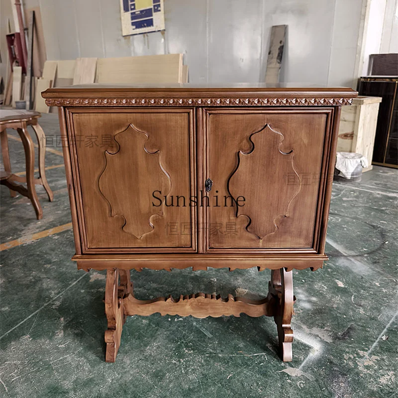 French retro old solid wood dining edge, living room home carved storage against the wall, porch decorative cabinet