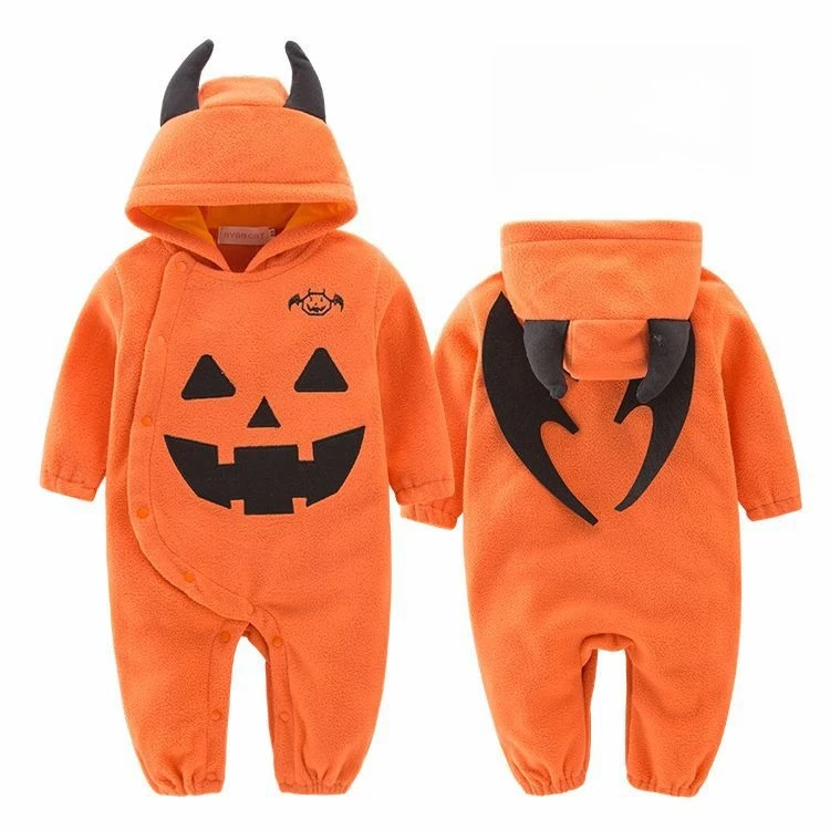 Baby Halloween Pumpkin Hooded Romper HornFleece Jumpsuit Newborn Autumn Winter Christmas Cosplay Costume Party Dress Up Outfit