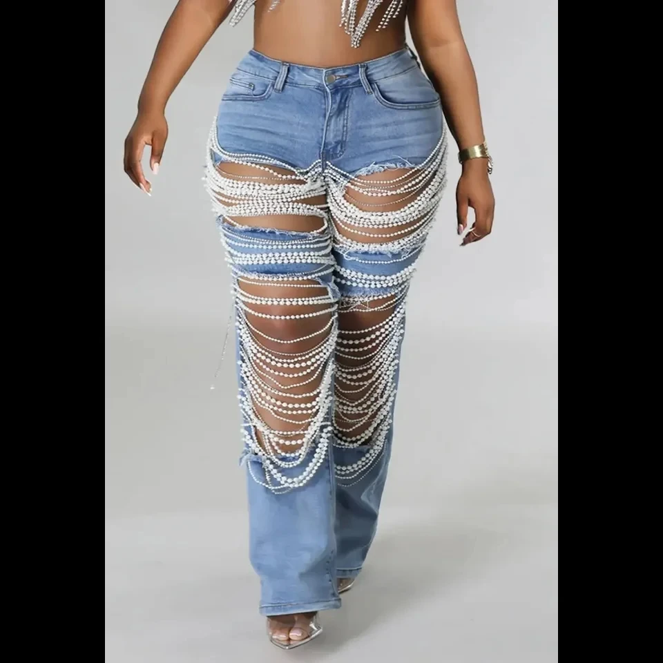 

Women Holes Pearls Jeans Casual Vintage Cutout High Waist Y2K High Street Denim Pants Pockets Slim Denim Trousers