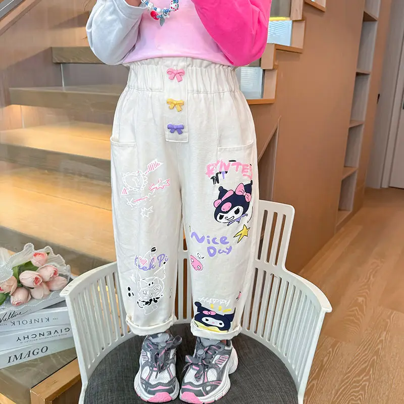 Girls' Kuromi Cartoon Print Pants Spring Autumn Anime Sanrios Kids Fashion Casual Pants Cotton Straight Leg Pants Versatile Gift