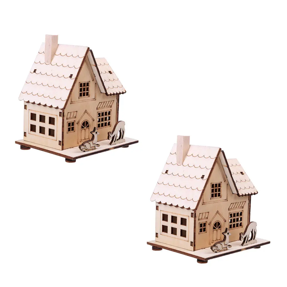 

2pcs Wooden nament Luminous Christmas Decor Craft Festival Desktop Adornment Mini Model Home Bar Restaurant Shop