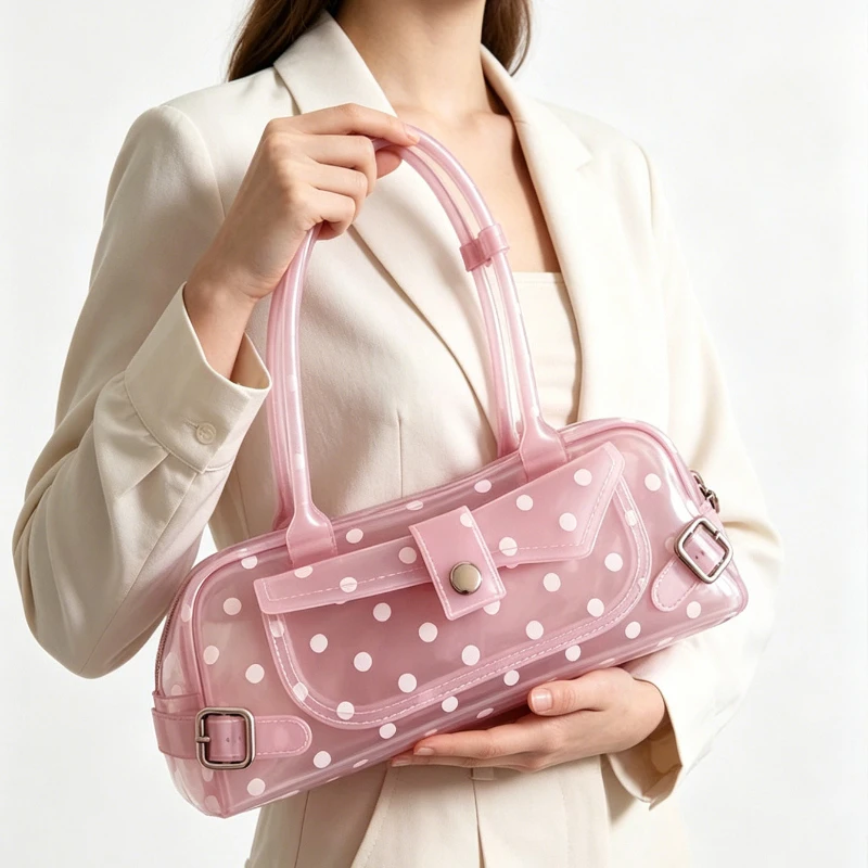 2026 Sweet Polka Dot Transparent PVC Jelly Tube Handbag, mini Top Handle Shoulder Bag, Summer Seaside Vacation Handbag