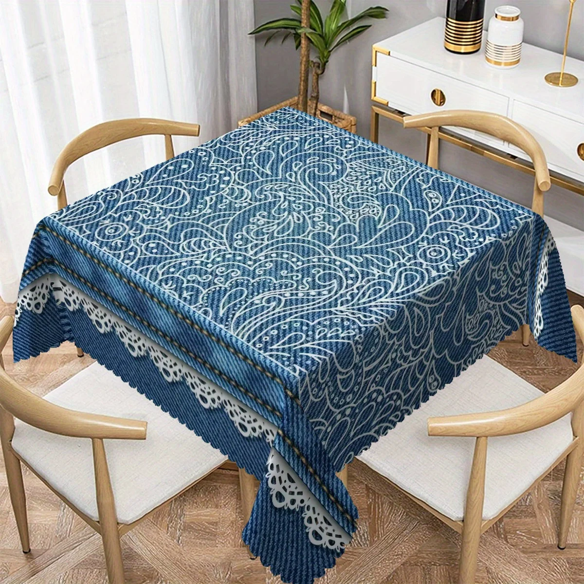 

Elegant Blue Floral Lace Pattern Tablecloth, Fan Scalloped Edge Rectangular Table Cover, Polyester Fabric for Dining Room