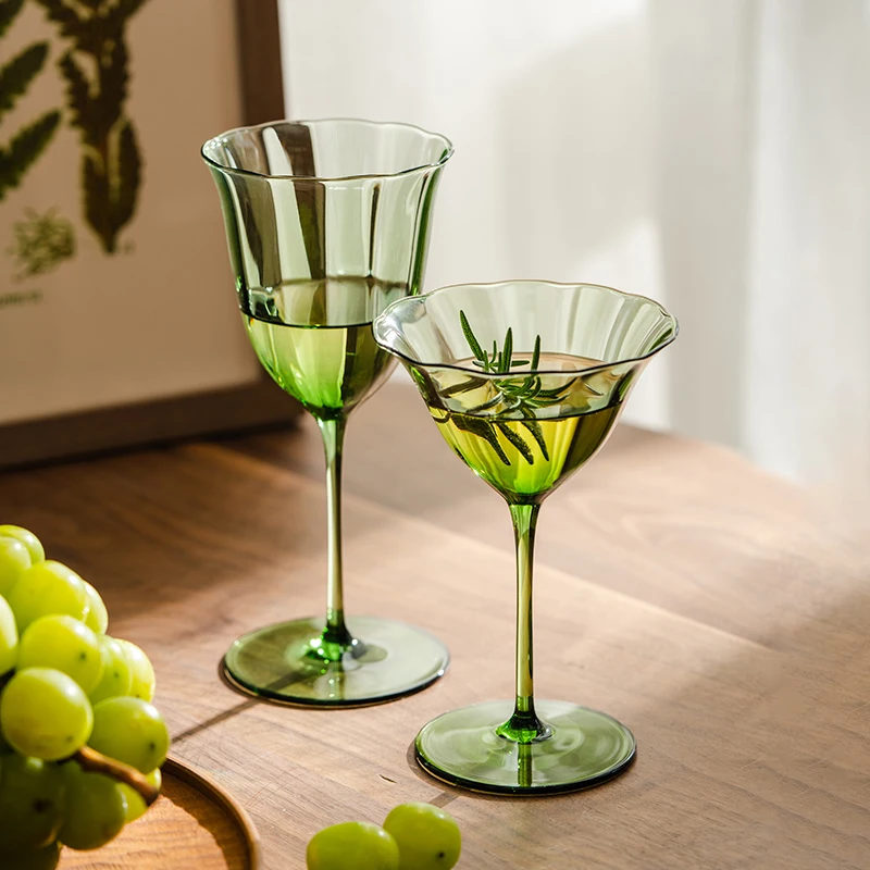 JINYOUJIA French Vintage Green Flower Pattern Goblets Handmade Crystal Ultra Thin Wine Glass Champagne Martini Glass