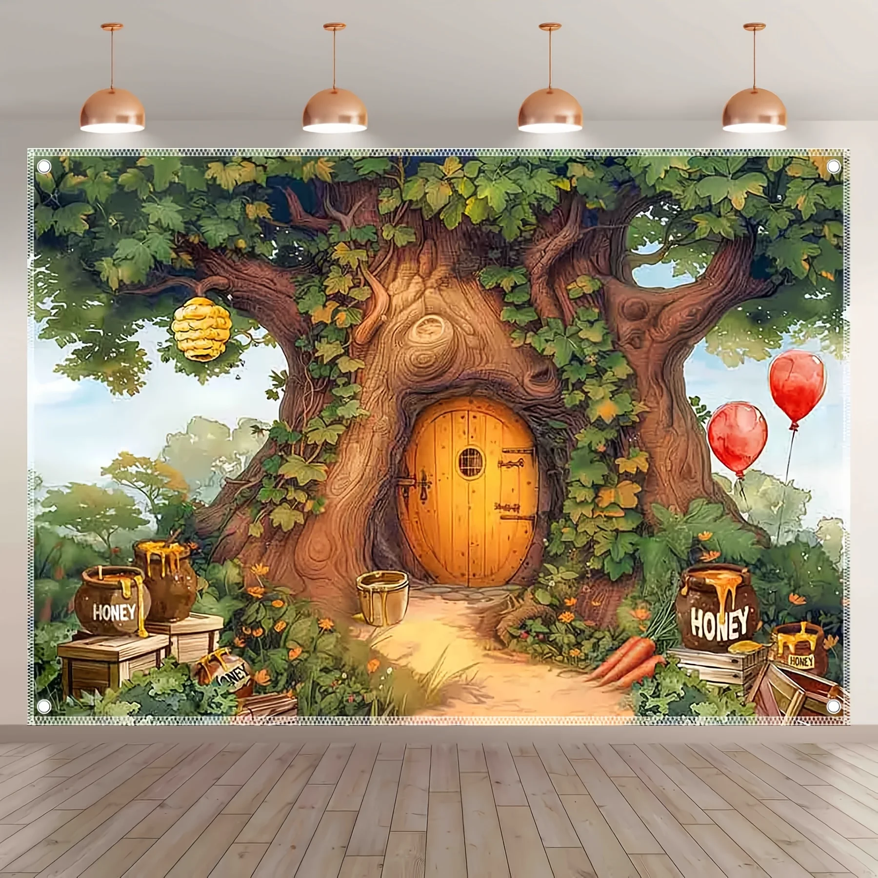 Magischer Honigwald-Cartoon-Fotohintergrund – Eine gemütliche Waldszene mit sichtbaren Bienen im Bild. – Detail 2