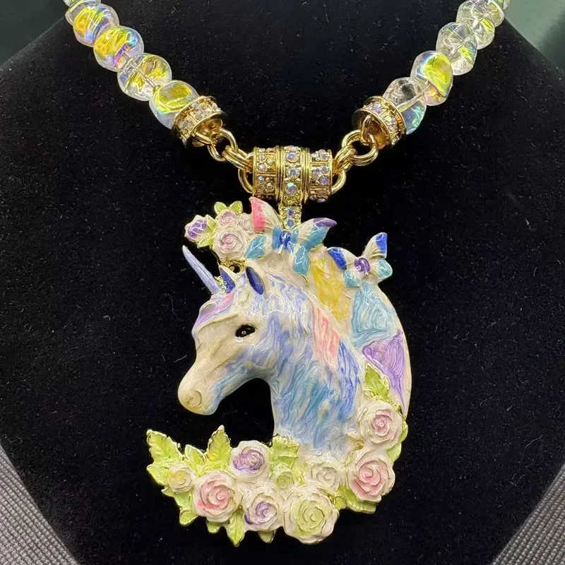 Medieval Vintage Flower Unicorn Pendant Vintage Animal Enamel Drop Glaze Unicorn Magnetic Medieval Necklace