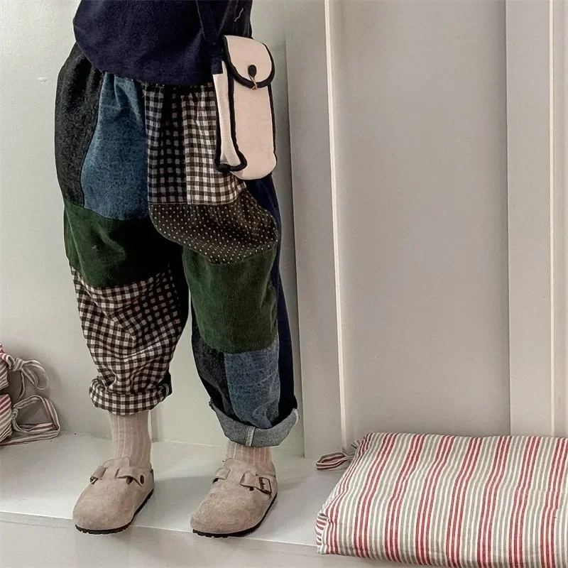 Children's Autumn Checkered Patchwork Casual Pants Boys and Girls Patchwork Fabric Stylish Casual Harun Pants Long Trousers