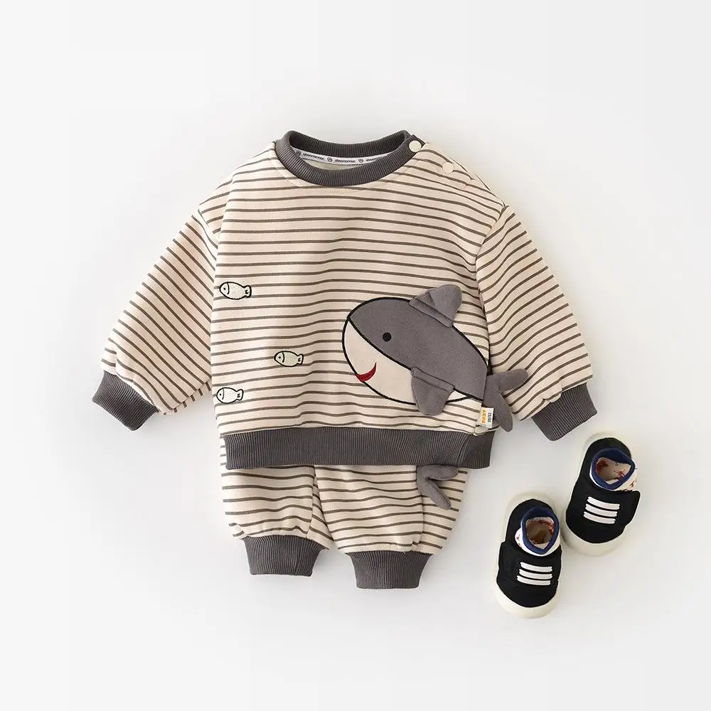 

2025 Winter New Baby Plus Velvet Thick Sweatshirt Set Boys Girls Cartoon Striped Tops + Pants 2pcs Suit Infant Fleece Outfits